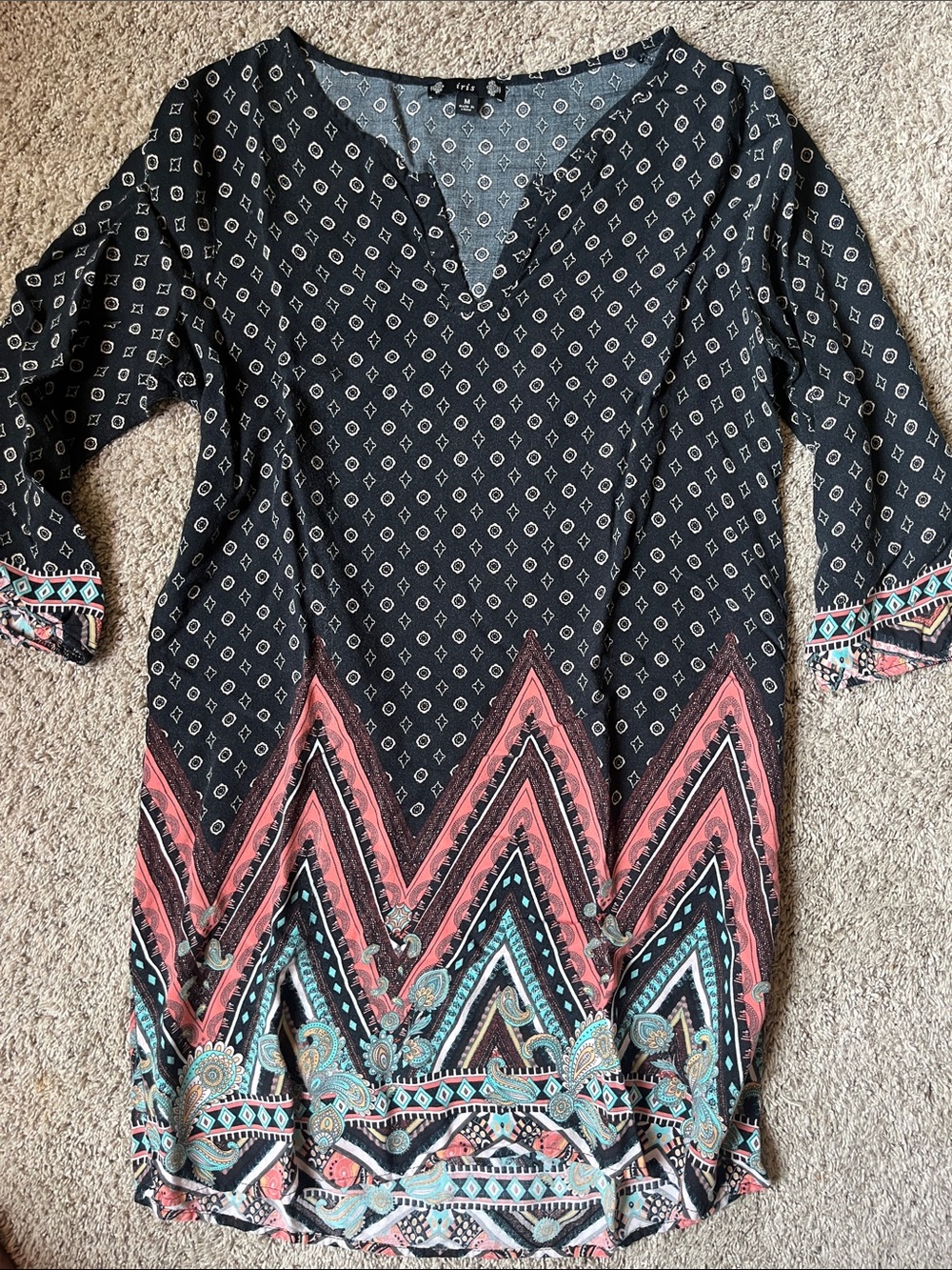 iris Black Boho Tunic with Cream Geometric Print . Top or mini dress